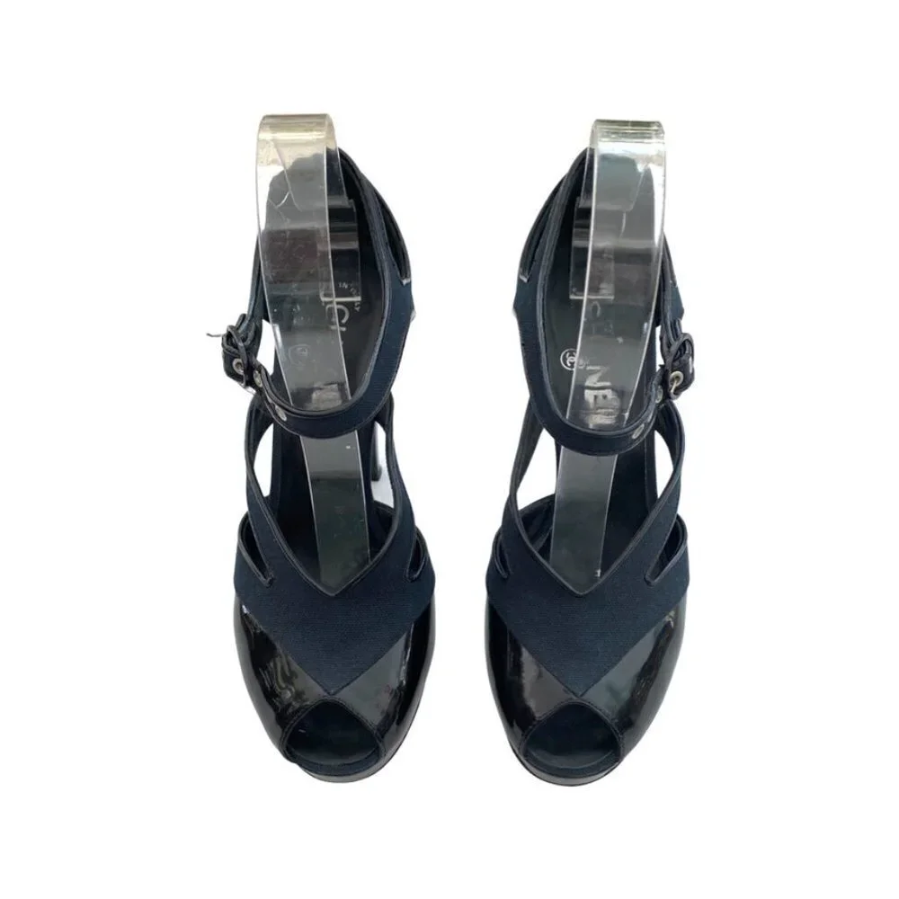 Chanel Black Patent Blue Fabric Platform Heels Size 38 US 7.5